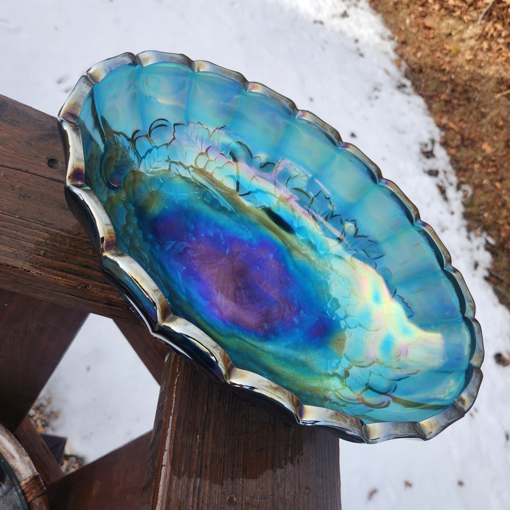 VTG Indiana Glass Blue Iridescent Carnival Glass Footed Oval Bowl Harvest Grape
